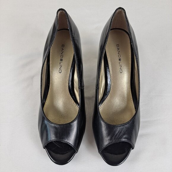 Bandolino Size 6M Mylah Black Leather Heels Peep Toe - Picture 7 of 14